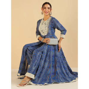 Conjunto de Túnica Elegante Bordada con Rayas Azules y Pantalones Palazzo para Mujer, Mangas Tres Cuartos, Tela Crepé, Primavera/Verano - Product Image 1