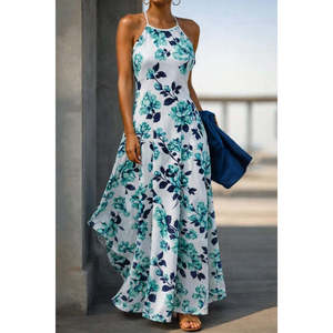 Vestido Maxi con Estampado Floral para Mujer de Jane's, con Tirantes Finos y Cuello Halter, Vestido Casual de Verano de Punto con Hombros Descubiertos - Product Image 1