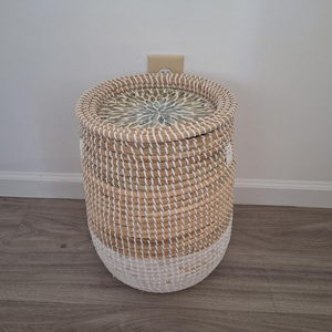 New Seagrass Laundry <b>Hamper</b> <b>with</b> Mother of Pearl <b>Lid</b> & Handles Modern Bathroom Storage <b>Basket</b> made by Vietnamese - Product Image 3