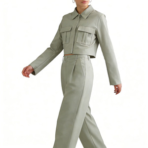 Femmes décontracté 2 pièces ensemble manteau poches revers <span class=keywords><strong>veste</strong></span> courte et taille haute costume pantalon pour les voyages en plein air travail quotidien - Product Image 2