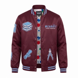 Blouson Bomber en Satin Personnalisé pour Homme, Bleu Ciel, Patchs en Chenille, Doublure par Sublimation, Logo Personnalisé, OEM, Streetwear - Product Image 1