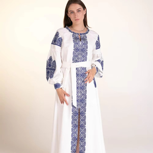 Vestido Maxi Casual para Mujer, Bordado, Corte Regular, Cuello Redondo, 100% Algodón Tejido, Cintura Natural, Lavable, Manga Corta - Product Image 1