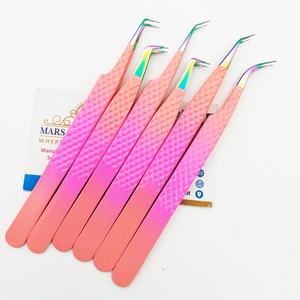 Pinzas para extensiones de pestañas clásicas de 45 grados de acero inoxidable japonés profesional de alta calidad, punta suave de Color Rosa degradado - Product Image 5