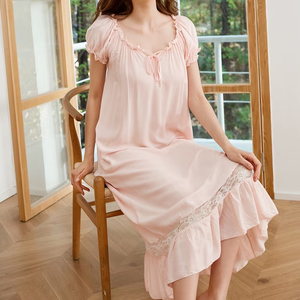 Pyjamas en coton pour femmes, chemises de nuit légères pour femmes - Robes de nuit à manches courtes, col en V en dentelle, brodées, grandes tailles - Product Image 5