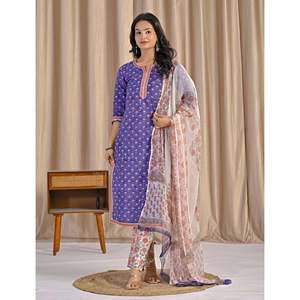 Conjunto de Kurta y Pantalón de Algodón Morado con Estampado a Mano y Manga Tres Cuartos para Uso Diario - Product Image 4