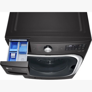 Nouvel ensemble lave-linge frontal et sèche-linge électrique côte à côte sur piétement avec tiroir de rangement en acier noir - Product Image 3
