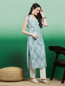 Kurtis Rama de Algodón Azul Turquesa con Estampado Digital para Mujer, Colección Sencilla de Verano para el Trabajo, Corte Regular, En Stock, Estilo Indio - Product Image 2