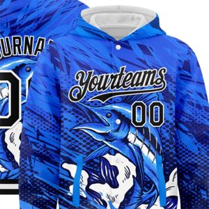 Chaqueta con capucha personalizada Royal Black-White Marlin Fish Fishing 3D Bomber Full-Snap Varsity Letterman - Product Image 6