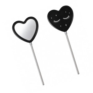 Heart Shape Handheld Makeup <b>Mirror</b> Dual Sided Black Frame With Stars And Lashes Design Chrome Handle - Product Image 4