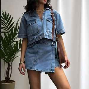 Nouvel ensemble décontracté 2 pièces prêt à expédier 2026 : haut ample à manches courtes et short en jean pour femme – Collection été - Product Image 1