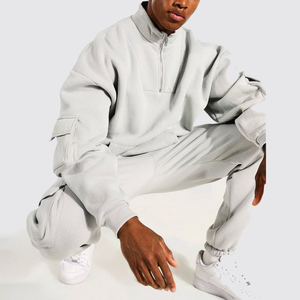 ชุดวอร์มผู้ชายผ้าฝ้าย 100% เสื้อฮู้ดซิป ¼ พร้อมกางเกงคาร์โก้ สำหรับวิ่ง ชุดวอร์มฤดูหนาว - Product Image 2