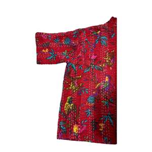 Kanta Work Handmade Ladies Short Kimono <b>Jacket</b> Birds Flora Print Quilted Woven Spring Season <b>Suede</b> Leather Cotton - Product Image 2