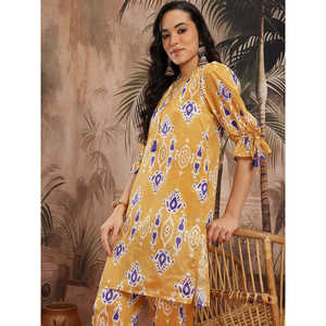 Women's Yellow Satin Chinnon Kurta with Three-Quarter Palazzos for Spring/Summer Printed <b>Tops</b> - Product Image 2