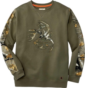 Men's Orange Fleece Crew Neck <b>Pullover</b> Sweatshirt With Camouflage Deer Applique Design Regular Fit Autumn Casual Wear - Product Image 3