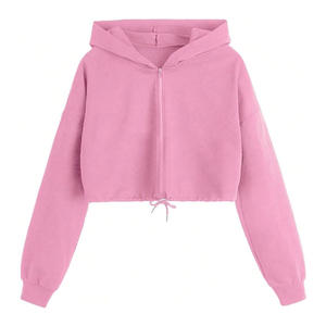 High Quality Custom Logo Cotton Long Sleeve <b>Zip</b> <b>up</b> White Crop Top Women <b>Hoodie</b> for Gym Clothing Casual Plain Shoulder - Product Image 1