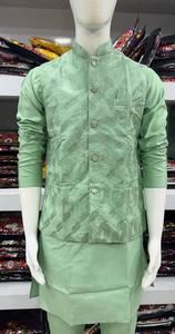 Premium Stylish Green Embroidered Silk Kurta Pajama Set Cotton <b>Jacket</b> with <b>Silver</b> Lining Design Festive Wedding Party Collection - Product Image 2