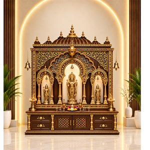 Temple de prière traditionnel Ram Darbar en teck sculpté à la main, statues dorées, design d'arche décoratif, taille personnalisable professionnelle - Product Image 1