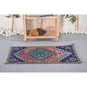 Tapis Vintage en Laine Kilim Bleu et Orange Patchwork Design 1.5X2.9 ft Abstrait Entrée ou Chambre Tapis en Jute avec Support en Latex - Product Image 1