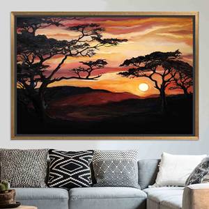 Impresión en Lienzo Atardecer en Savannah: Elegante Obra de Arte de Paisaje Africano con Árboles, Lienzo con Marco Dorado - Product Image 1
