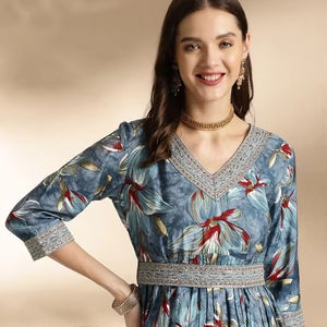 Mujeres étnicas Floral impreso imperio pura seda A-Line Kurta con pantalones indio Pakistán traje Salwar kameez traje - Product Image 1