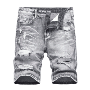Shorts en jean déchirés et délavés pour homme, noir et gris, respirants, coupe droite, longueur genou, cinq poches, style streetwear décontracté pour l'été - Product Image 1