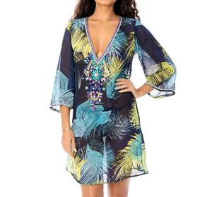 Túnica de playa corta con cuello en V profundo de maternidad, hermoso estampado translúcido, mangas Quatre bordadas a mano de una pieza de colores brillantes - Product Image 3