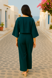 Chic Teal Polyester Two Piece Set with Cropped Top and Wide Leg <b>Pants</b> for Casual and Semi Formal Wear in M L XL XXL Sizes - Product Image 3