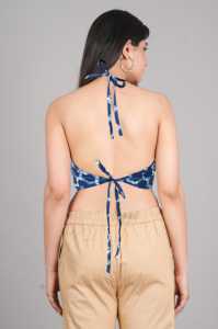 Blusa de algodón azul con estampado geométrico, cuello redondo, talla única para uso diario, sin mangas y sin espalda. - Product Image 6