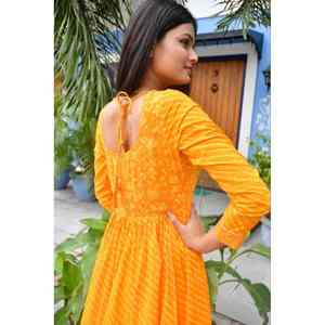 <b>Women's</b> Yellow Lehariya Anarkali <b>Kurta</b> Bollywood-Style Ethnic Cotton Salwar Suit Hand-Printed Jaipur Artisans Casual India - Product Image 3