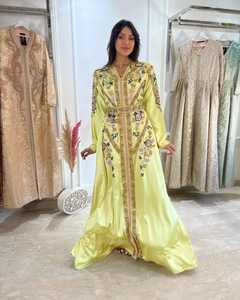 Elegante caftán marroquí Color Lima seda bordado a mano antiestático transpirable estilo informal ropa musulmana tradicional - Product Image 4