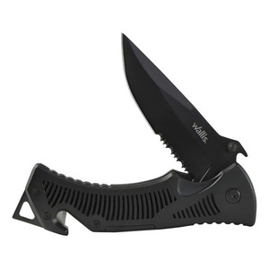 Cuchillo plegable Wallis K900325 con hoja lisa y dentada, mango negro y clip para herramientas y cuchillos - Product Image 1