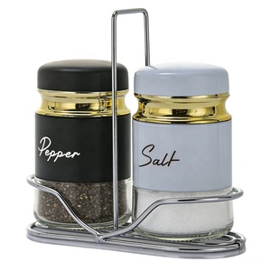 Nuovo Set di Barattoli <span class=keywords><strong>per</strong></span> Spezie da Cucina in Acciaio Inox e Vetro con Coperchio Girevole, Set di Saliera e Pepiera in Stile Rustico con Supporto - Product Image 1