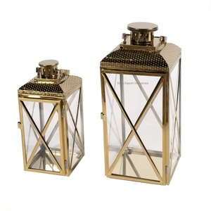 Best Selling Eco-Friendly Modern Art Wedding Decorative <b>Gold</b> Plated Metal Glass Tabletop Candle <b>Lanterns</b> with Hammered Design - Product Image 2