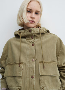 Women's Hooded Utility Safari <b>Jacket</b> Olive Green Full Sleeve Patch Pocket Windproof Autumn Wear Short Length Woven Fabric - Product Image 5