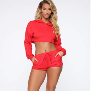 Conjunto de 2 piezas para mujer, venta al por mayor, ropa deportiva, ropa para correr de dos piezas para mujer, conjunto de trajes con capucha y pantalones cortos - Product Image 1