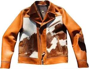 แจ็คเก็ตนักขี่จักรยานวินเทจของผู้ชายปกสั้นหนัง PU พร้อมหนังวัวสำเนียง - Product Image 1