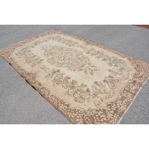 Tapis traditionnel en laine marron beige 5.9x9.8 pieds Design patchwork turc vintage classique pour chambre à coucher chevet rectangulaire en latex - Product Image 2