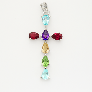 Elegante Regalo para Fiesta de Bodas, Colgante de Cruz con Múltiples Piedras, Forma de Pera de 6x4mm, Minimalista, Plata de Ley con Baño de Rodio, Rhaya - Product Image 3