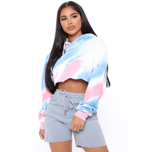 Sudadera con capucha OEM personalizada de talla grande para mujer Tie-Dye Puff Print Crop Top sudaderas con capucha de lana transpirable para adultos - Product Image 3