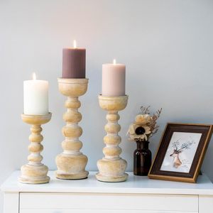 Rustic Whitewashed <b>Wooden</b> <b>Candle</b> <b>Holder</b> Set Farmhouse Style <b>Pillar</b> Stands for Cozy Home Decor and Elegant Rustic Accents Weeding - Product Image 3