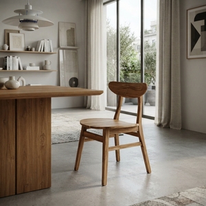 Chaise de salle à manger en teck massif avec dossier incurvé, assise en planche de bois, finition naturelle, chaise d'appoint pour patio extérieur, décoration artistique - Product Image 5
