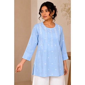 Mehrzadi Mumtaz Damen-Hemd in Himmelblau mit Blumenstickerei, Bohemian-Stil, lockere Passform, XL - Product Image 2