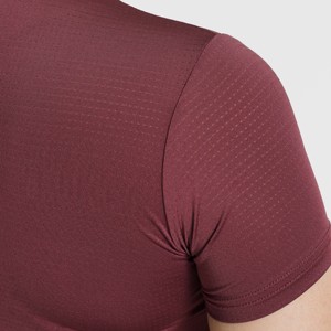 W024 Cropped Half Sleeve Spandex Tee Maroon Breathable Lightweight Workout Fitness Fashion Front Logo Print Recyclable Seamless - Product Image 5