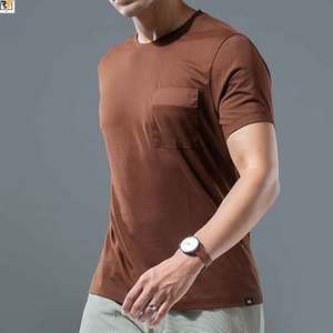 Front pocket style men tshirt <b>brown</b> custom solid colour tshirts 100% cotton 200GSM jersey high quality stitching custom - Product Image 2