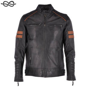 แจ๊กเก็ตหนังขี่มอเตอร์ไซค์สำหรับผู้ชายสีดำสีน้ำตาลเข้มสไตล์คลาสสิก - Product Image 1