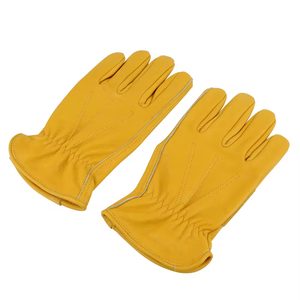 Guantes de aparejo de cuero de grano de vaca amarillo dorado con pulgar trapezoidal Guantes de conductor de trabajo de cuero de alta calidad para uso industrial - Product Image 2