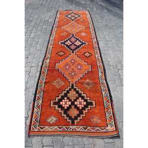 Tapis de 3,3 x 11,5 pieds, tapis turc vintage, tapis persan en laine orange et bleu - Product Image 1