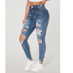 Alta calidad Casual sólido flaco rasgado ahueca hacia fuera la cintura alta azul Denim lápiz Jeans pantalones elásticos mujer proveedor de BD - Product Image 5