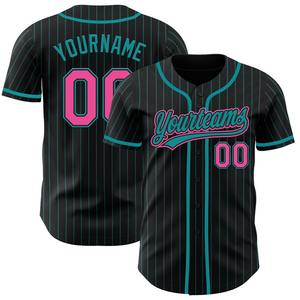 Ropa de equipo personalizada más vendida Camiseta de béisbol auténtica rosa a rayas verde azulado negra personalizada - Product Image 1