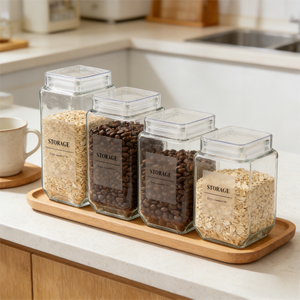 Bocal en verre carré moderne avec couvercle en <span class=keywords><strong>plastique</strong></span> hermétique pour comptoir de cuisine et présentoir sur étagère - Product Image 6